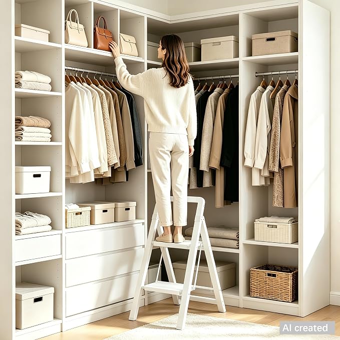 Step Ladder 2-Step White Finish Aluminum Folding Ladders | Anti-slip Sturdy Foldable Ladder Step Stool for Kitchen Home Office Libaray - Image 4