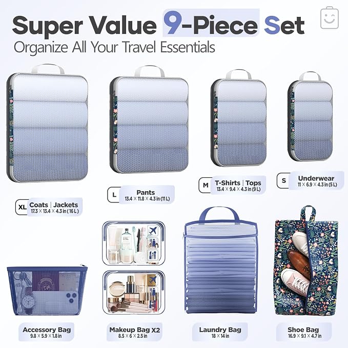 Veken 9/11 Set Compression Packing Cubes Garment Bags for Travel Essentials,Compressible Expandable Luggage Organizer Bags,Space Saver Bags with Over 1000 pcs of Mesh Holes(Dark Blue Floral) - Image 2