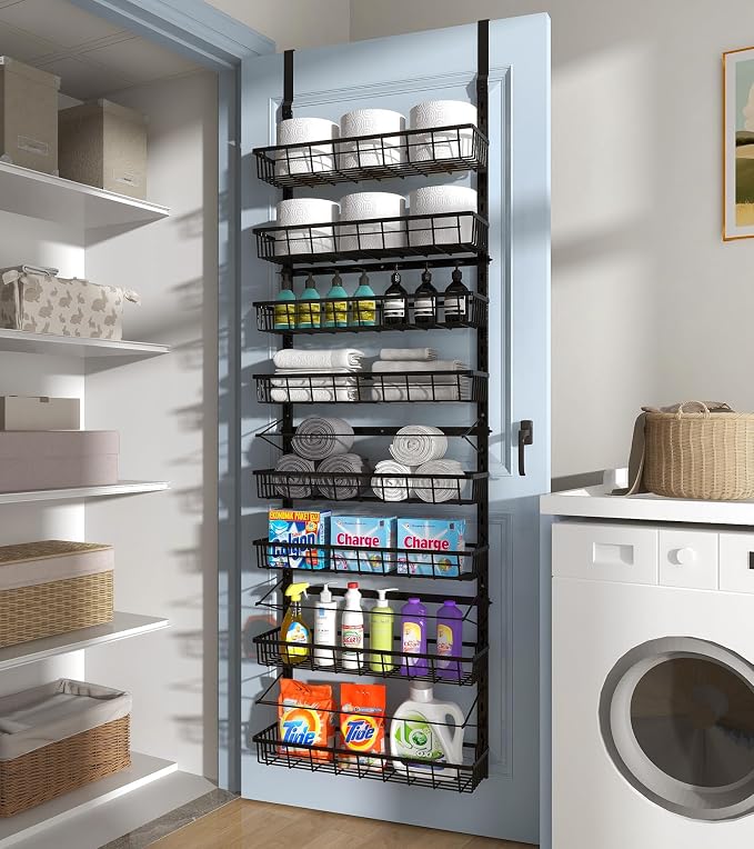 Mefirt Over The Door Pantry Organizer, Wall Mount Spice Rack 8-Tier Black | Pantry Hanging Storage and Organization, Adjustable Baskets Heavy-Duty Metal for Home & Kitchen, Back of Door Seasoning Rack - Image 7