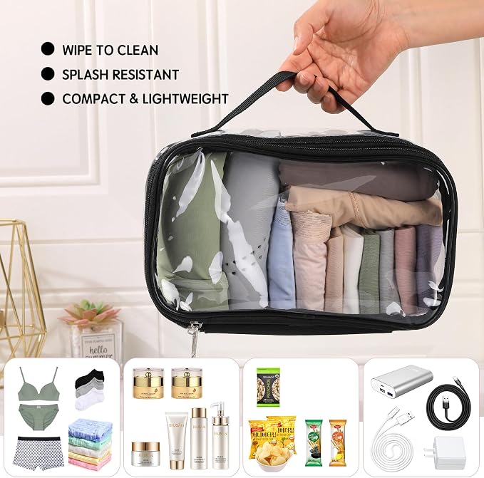 BORMELUN Large Clear travel bags for toiletries pouches carry on reusable,purse see-through plastic pvc TSA airport approved with handle (Black) - Image 4