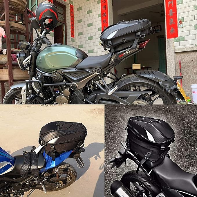 Motorcycle Tail Bag,Waterproof Seat Bag,Dual Use Backpack With Cargo Net | Expandable Helmet Bag with Rain Cover & Shoulder Strap, Multifunctional Storage Saddle Bag, Motorbike Luggage Tail Pack - Image 3