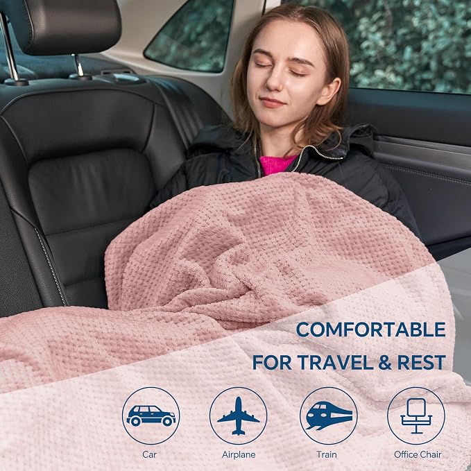 BEDELITE Travel Blanket with Bag, Jacquard Fleece Blanket 65"x40", Pink | Ultra-soft Airplane Blanket, Luggage Sleeve & Backpack Clip, Travel Essentials for Women, Foldable as Pillow for Long Flight - Image 7