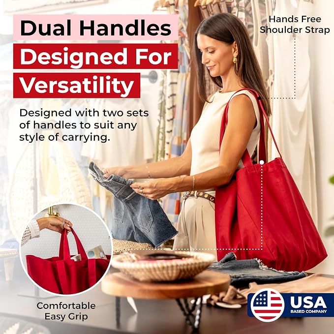VeraMia Canvas Grocery Bag 3pc XL Set with Real Pockets, Long Shoulder Strap and Short Handle. Heavy Duty, Foldable, Washable - Image 3