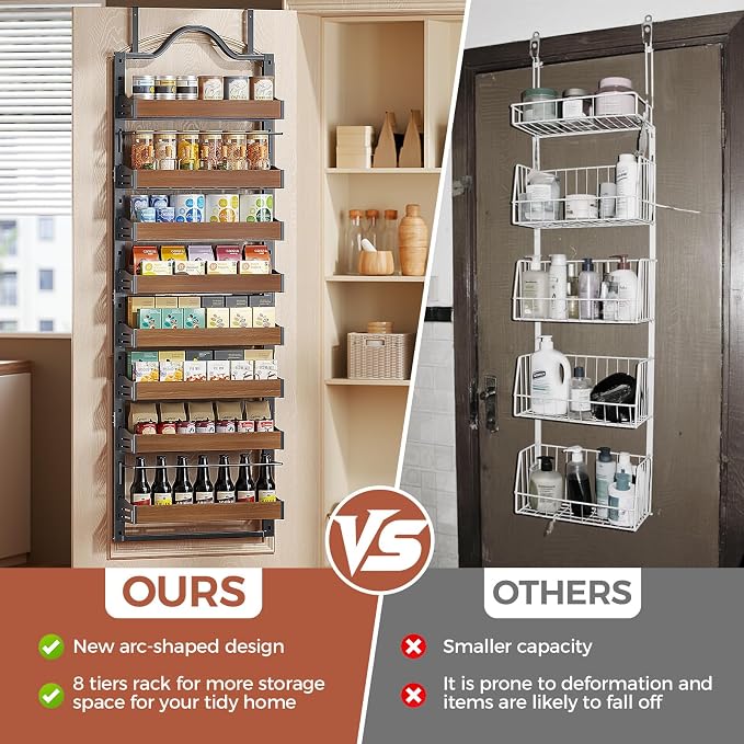 8-Tier Pantry Door Organizer, Over the Door Pantry Organizer with Wooden Adjustable Baskets, 2 IN 1 Spice Rack Wall Mount or Door Organizer, Door Spice Rack for Pantry（72.6×17.1×5.1in,Black) - Image 8