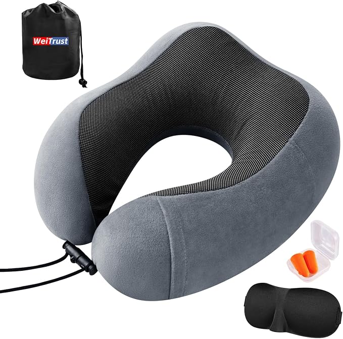 Airplane Pillow, Travel Neck Pillow with Memory Foam - Adjustable Buckle & Machine Washable Cover for Neck Support, Includes Eye Mask & Ear Plugs (Grey) by WeiTrust