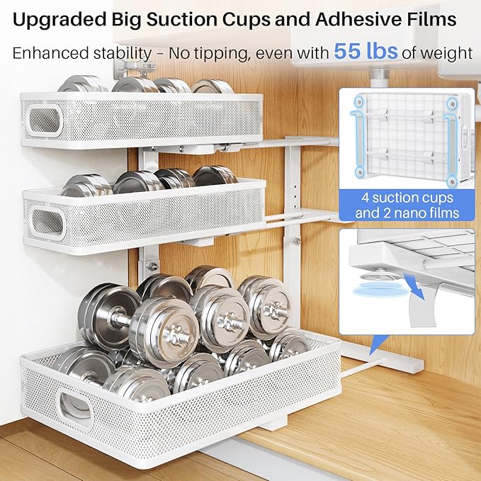 Under Sink Organizer, 3-Tier Thickened Metal Pull out Cabinet Organizer Shelf, Height Adjustable Slide out Storage Drawer Rack for Kitchen Bathroom Pantry Laundry Home Organization, 1-Pack, White | 35% Extra Storage Capacity, Carbon Steel, Hold Up 55lb... - Image 6