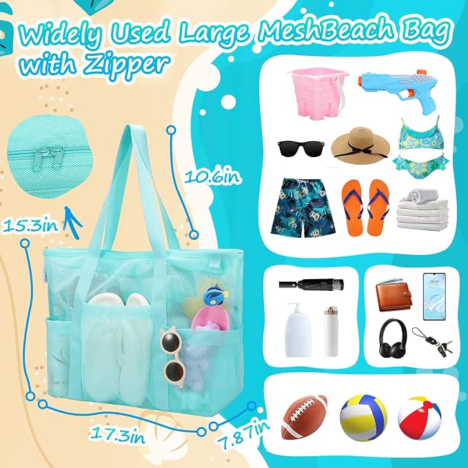 Tagitary Mesh Beach Bag with Zipper Large Beach Tote Waterproof Sandproof with 8 Pockets for Toys Pool Bag Beach Accessories - Image 3