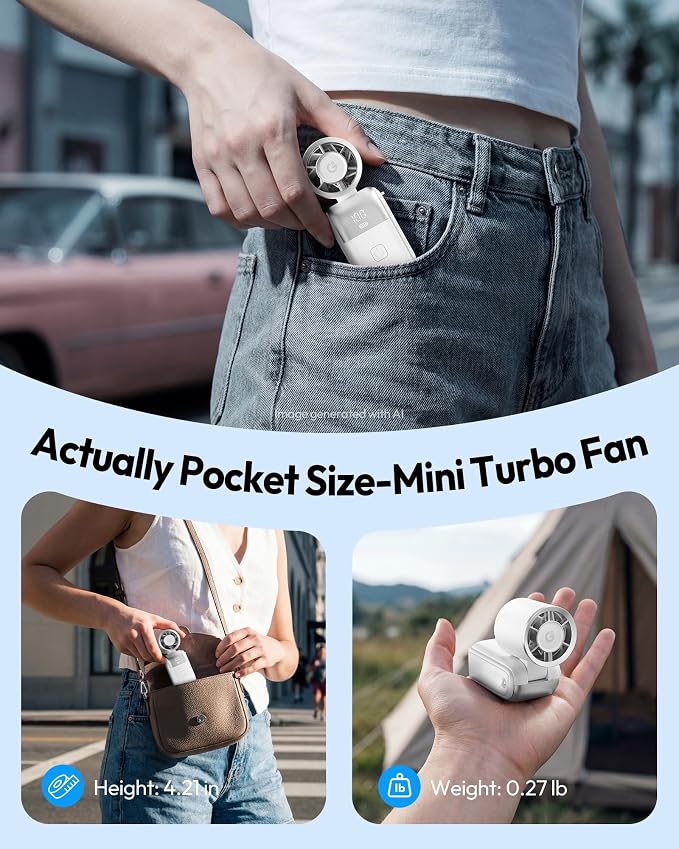 Gaiatop Portable Mini Fan Handheld, 3-in-1 Foldable Pocket Fan, Up to 15H | Personal Small Hand Fan, 6-Speed Turbo Cooling, USB Rechargeable, Outdoor Travel Essentials, Gifts for Women Men Teens, White - Image 6
