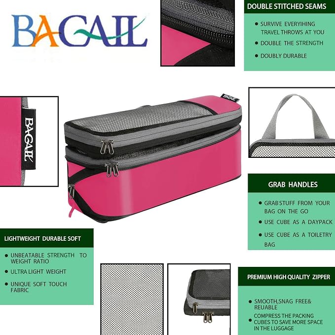 BAGAIL 4 Set/6 Set/8 Set Compression Packing Cubes Travel Accessories Expandable Packing Organizers (Half Mesh, 6-Fuchsia) - Image 3