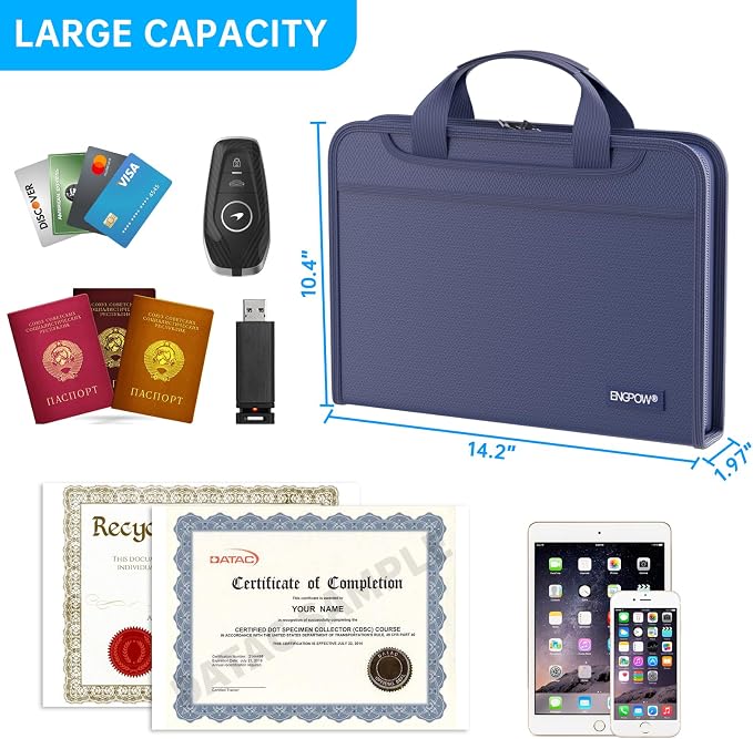 ENGPOW Accordion File Organizer,Fireproof Expanding File Folder with Multi Pockets,13 Pockets Document Organizer with Handle & Labels,Portable Home Travel Safe Storage Folder for Letter A4 Files,Blue - Image 5