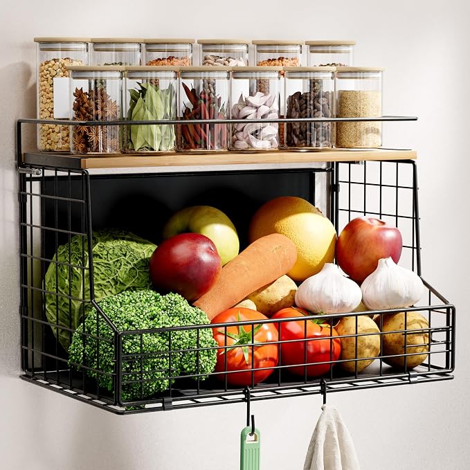 TIDIIABODE Magnetic Shelf for Fridge, Large Container Magnetic Spice Rack for Refrigerator, Fruit Potato and Onion Storage Bins, Magnetic Basket with Wood Lid, Kitchen Counter, Cabinet by TrashBagHolder