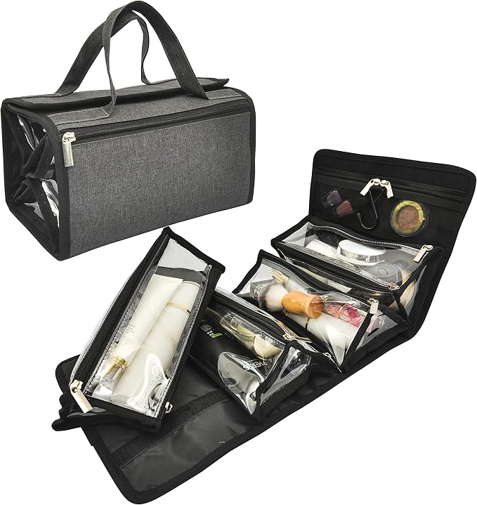 Large Capacity Hanging Eco Polyester Travel Toiletry Bag Makeup Cosmetic Bag 4-in-1 Roll-Up Make Up Storage Organizer With 4 detachable Removable Zipper Clear TPU Pouches & Hook - Image 7