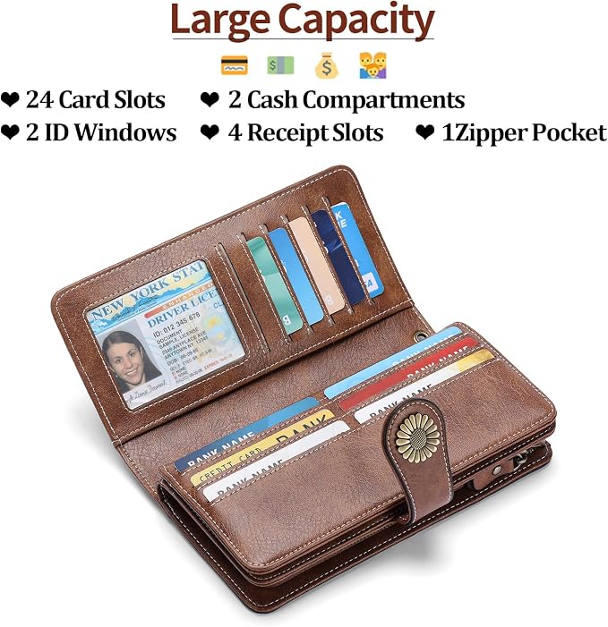SENDEFN Wallets for Women Leather Credit Card Holder with RFID Blocking Large Capacity Wristlet | with RFID Blocking - Image 3