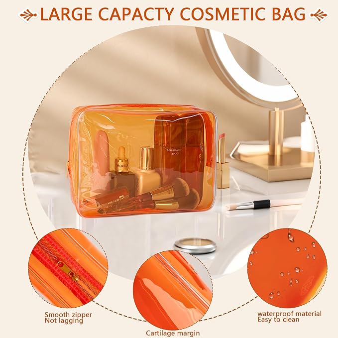 Waterproof PVC Makeup Bag - Leakproof Cosmetic Organizer for Travel Toiletry Storage 9.84×7.09×2.36 Inch for Women & Men (Orange) - Image 3