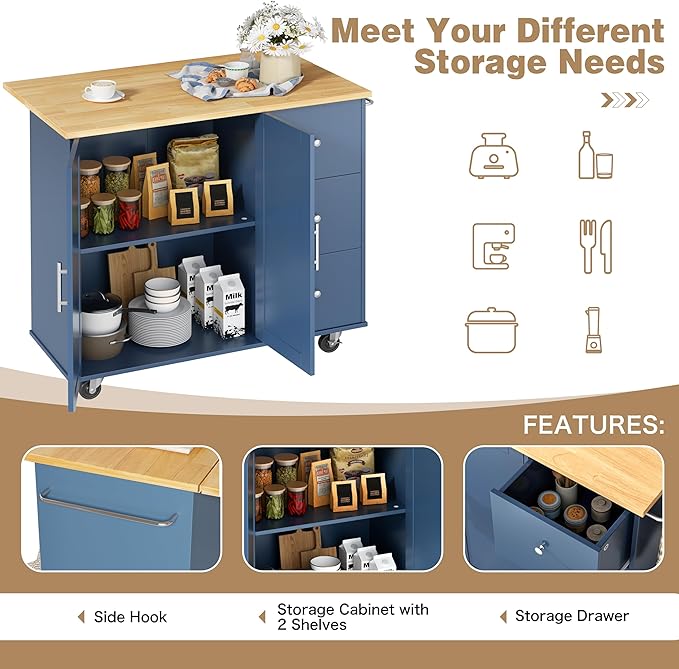Shintenchi Kitchen Island with Folding Drop Leaf, Rolling Island Table with Storage, Kitchen Cabinet on Wheels with Seating Area for Kitchen, Bar Cart with Cabinet, Blue - Image 6
