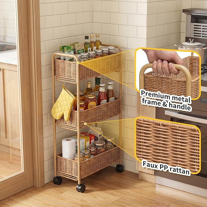 Utility Slim Storage Cart,3-Tier Rolling Kitchen Office Laundry Room Cart,Mobile Shelving Unit Organizer for Living Room Bathroom Baby Diaper Narrow Places (Natural, 3 Tiers-7.1 inch (W)) - Image 5