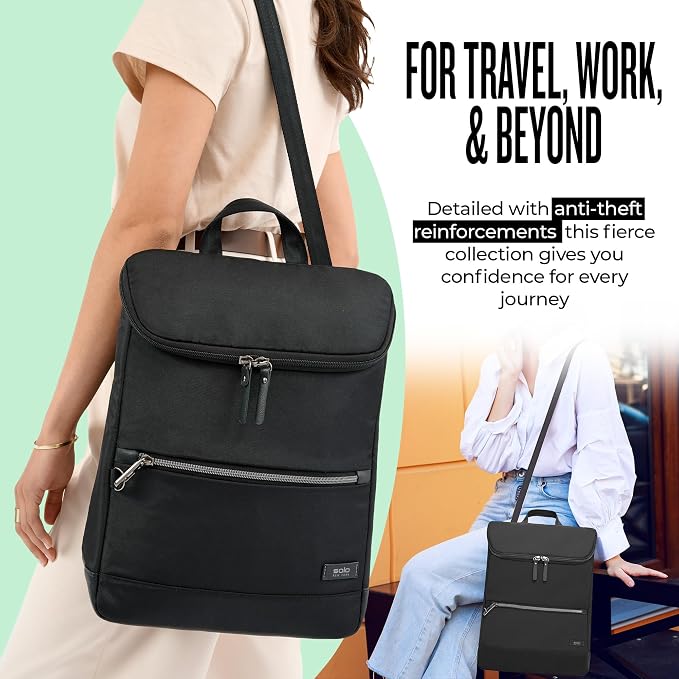 Solo New York Backpack for Women - Carry On Bookbag for Travel & Work, Fits 14.1" Computer, RFID Protection, Lightweight Bag with Laptop Sleeve, Slash Proof - Stealth Hybrid, Black - Image 4