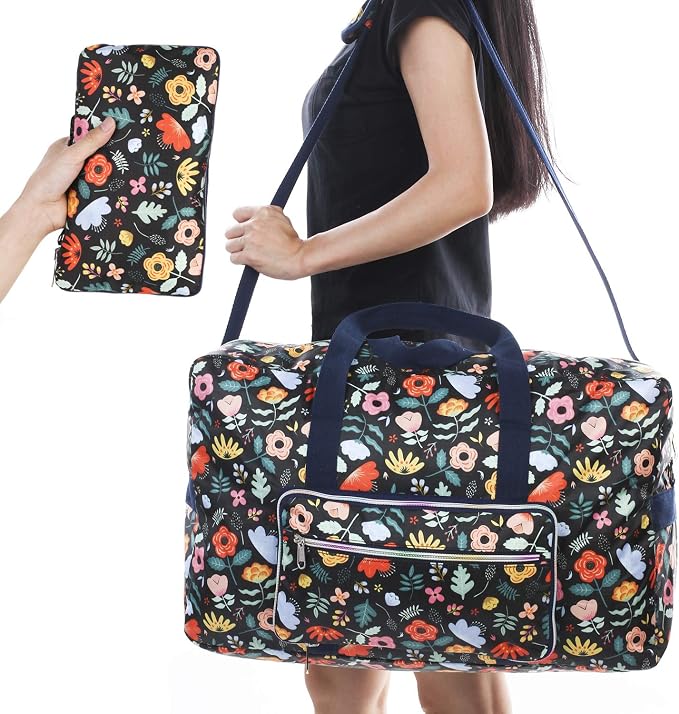 Travel Foldable Waterproof Duffel Bag - Lightweight Carry on Luggage Tote Duffel Bag(Black Floral) - Image 5