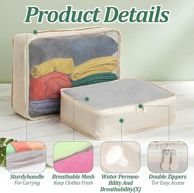 Kifmurase 12 Pcs Packing Cubes for Suitcase Travel Luggage Organizers Bulk Large Mesh Clothing Underwear Bags Foldable Laundry Bags for Hiking Camping Backpacking Clothes Accessories (Beige) - Image 3