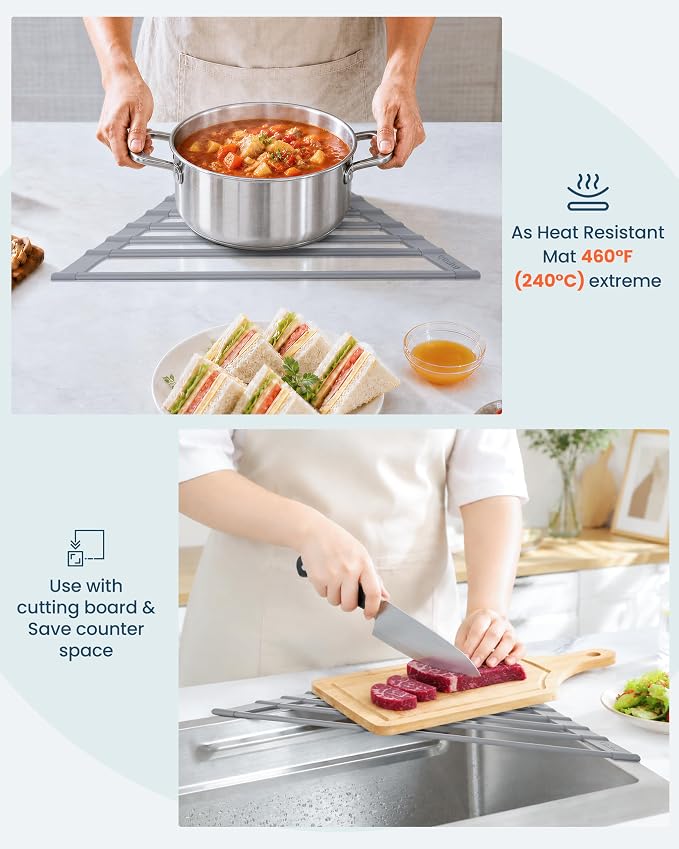 Ohuhu Triangle Roll Up Dish Drying Rack, Silicone Wrapped Steel Anti-Slip Sink Corner Rack Caddy Multipurpose Strainer for Kitchen Sink Trivet Space-Saving - Image 7