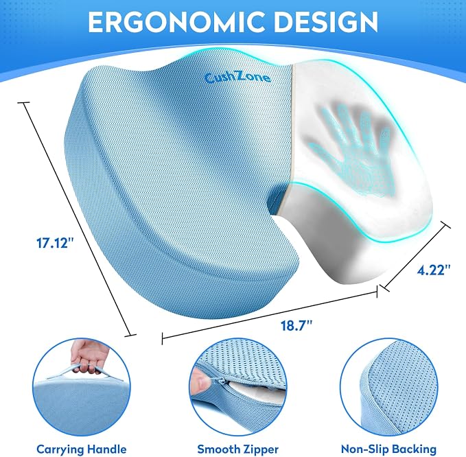 CushZone XXL Memory Foam Seat Cushion for Office & Car, Light Blue | U-shaped Coccyx Cutout, Contoured Design, Breathable Removable Mesh Cover, Non-Slip Base, Carry Handle - Image 4