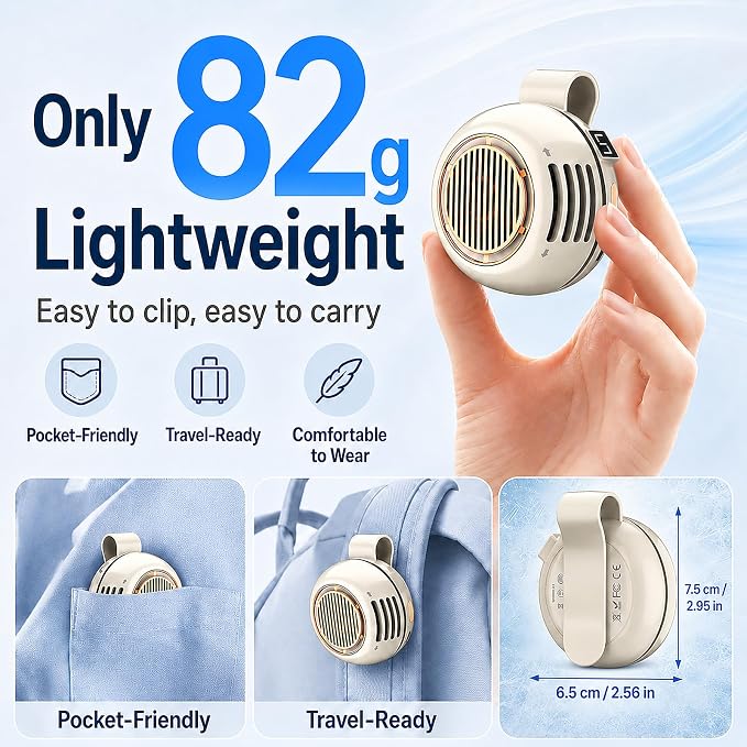 Portable Clip on Fan, Bladeless Waist Clip Fan with 5 Speeds, USB-C Rechargeable Mini Quiet Fan, LED Display, 1000mAh Battery, 82g Lightweight, Up to 6 Hours for Outdoor Office Travel Sports, Beige - Image 3
