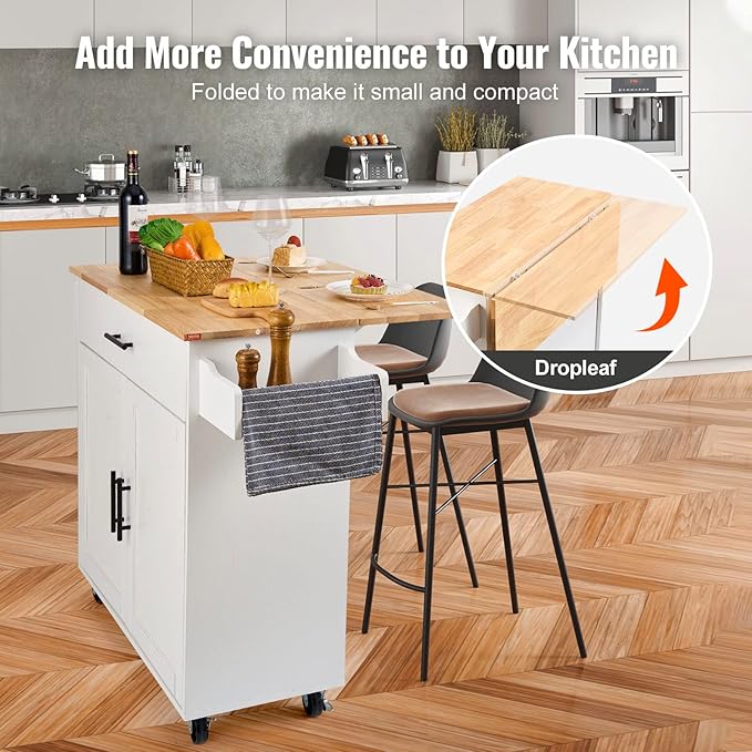VEVOR Kitchen Island Cart with Solid Wood Top, 35.4" Width Mobile Carts with Storage Cabinet, Rolling Kitchen Table with Spice Rack, Towel Rack, Drop Leaf and Drawer, Portable Islands on Wheels, White | For Home Cooking, Space Saving Drop Leaf For Extr... - Image 5