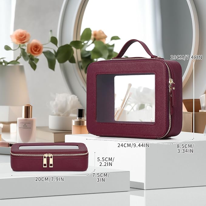 Pinkmik Clear Makeup Bag with Brush Bag, (Burgundy, L+SLIM) | 2pcs, Waterproof, Travel Case for Cosmetics and Toiletries, Women's Cosmetic Organizer, with Zipper - Image 2