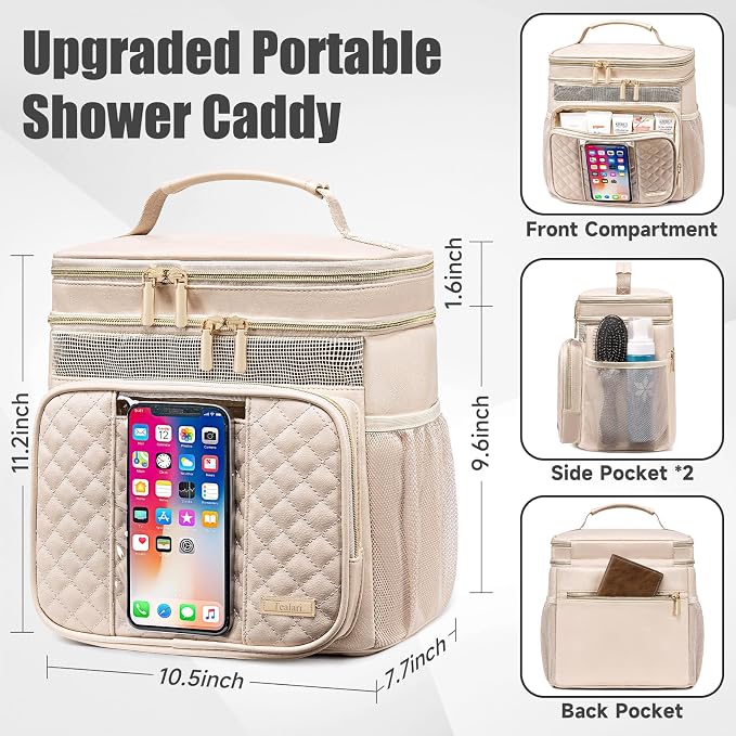 Large Leather Toiletry Bag for Women Men,Bathroom Bag,Water Resistant Shower Bag,Makeup Bag,Portable Shower Caddy for College Dorm,Hanging Travel Toiletry Bag with Transparent Waterproof Phone Pocket - Image 4