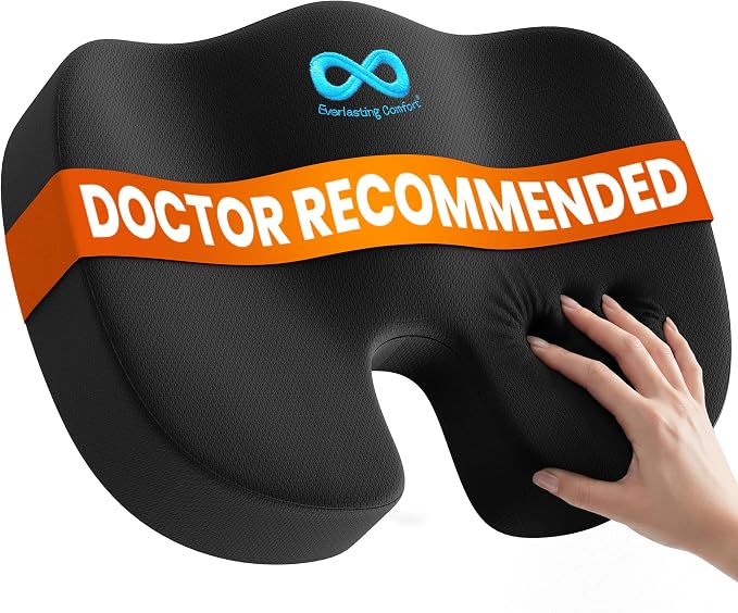 Everlasting Comfort Doctor Recommended Memory Foam Seat Cushion for Office Chairs & Car - Ergonomic Office Desk Accessories - Cushions for Tailbone Pain Relief, Sciatica (Black, Large) by EverlastingComfort