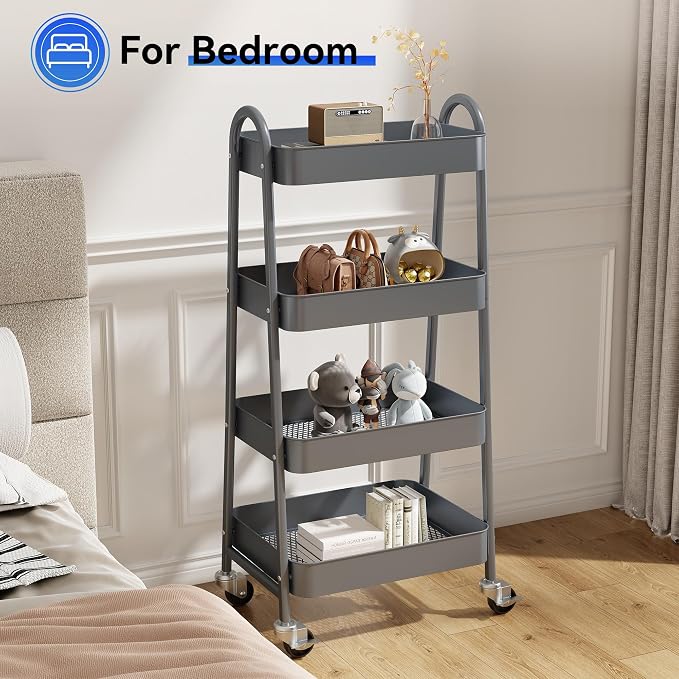 OLIXIS Metal 4 Tiers Rolling Storage Utility Cart with Lockable Wheels | Mobile Organizer Shelf, Space-Saving, Freestanding, Bathroom, Living Room, Slim, Narrow Corner Spaces, Gray - Image 7