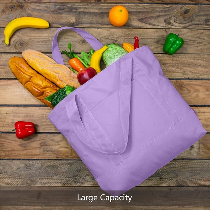 TOPDesign 1-Pack Canvas Tote Bag with an External Pocket, Reusable Grocery Shopping Bag, Top Zipper Closure, Daily Essentials (Lavender) - Image 3