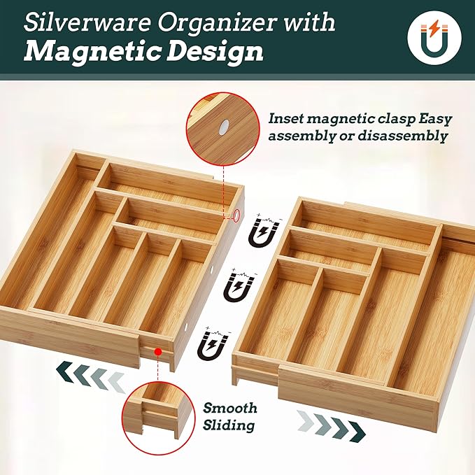 Silverware Organizer Large, Magnetic Connected Expandable 13 Slots Silverware Drawer Organizer From 21 to 37.4 Inches, Adjustable Flatware and Cutlery Holder, Bamboo Utensil Tray for Kitchen Natural - Image 3