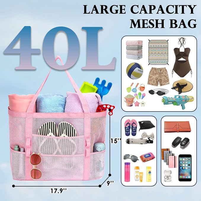 Fammart Mesh Beach Bag for Women, Large Beach Toy Pool Bag with Zipper Pocket, SandProof Cruise Essentials 2026 Family Travel - Image 4