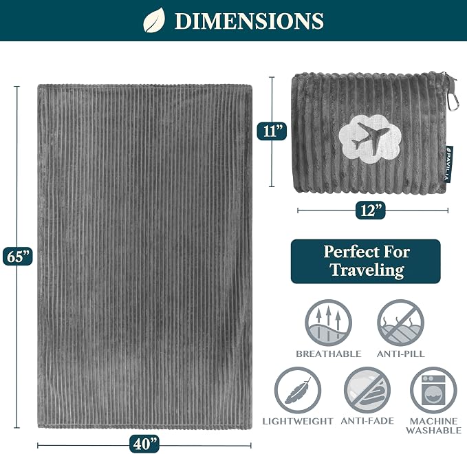PAVILIA Travel Blanket Pillow, Soft Ribbed Fleece Airplane Blanket, Gray | 65x40, Compact Packable Plane Throw with Bag, Luggage Strap and Back Pocket, Cozy Flight Essentials Travelers Camping Gift - Image 6