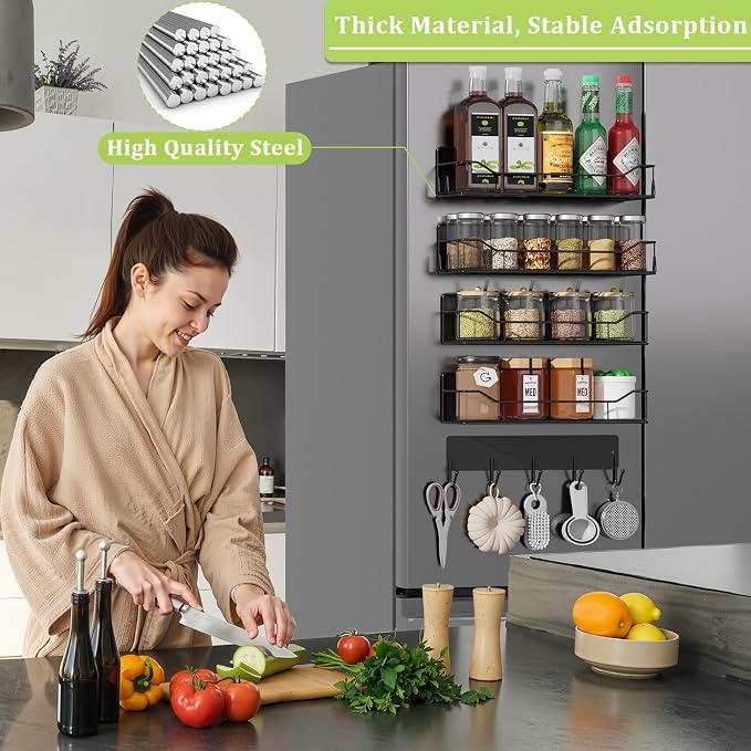 Magnetic Spice Rack for Refrigerator, 5 Pack Metal Strong Magnet Spice Organizer Shelves with Hook Rack, Space Saving Magnetic Fridge Shelf for Home Kitchen Organization and Storage (Black) - Image 5