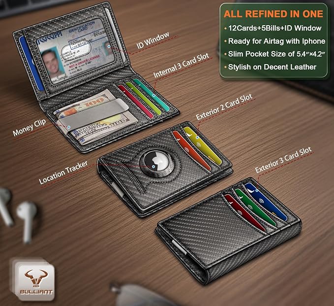 BULLIANT Magnetic Slim Leather Airtag Wallet Money Clip For Men 12Cards | RFID Blocking | Easy Access | Gift Boxed | Pocket Fit - Image 2