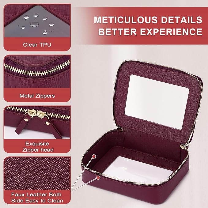 Pinkmik Clear Makeup Bag, (Burgundy, M) | Waterproof, Travel Cosmetics and Toiletries Case, Portable Makeup Organizer, Clear Car Bag with Zippe - Image 4