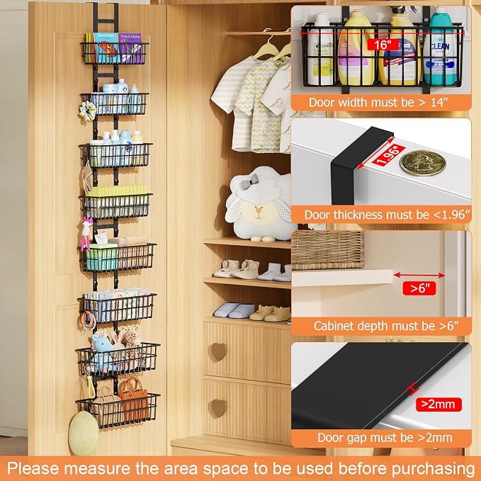 Hongtamoya 8 Tier Over The Door Organizer, Adjustable Hanging Door Organizer with 8 Wire Baskets 6 Hooks, Behind The Door Storage for Pantry Closet Bedroom Bathroom Cabinet Kitchen Laundry Room, Black - Image 6