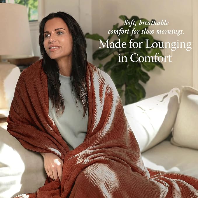 Threadmill Luxury Cotton Blankets for Queen Size Bed | All-Season 100% Cotton Queen Size Blanket | Herringbone Cozy, Soft Breathable Fall Thermal Blanket fits Full Size Bed | Paprika - Image 3