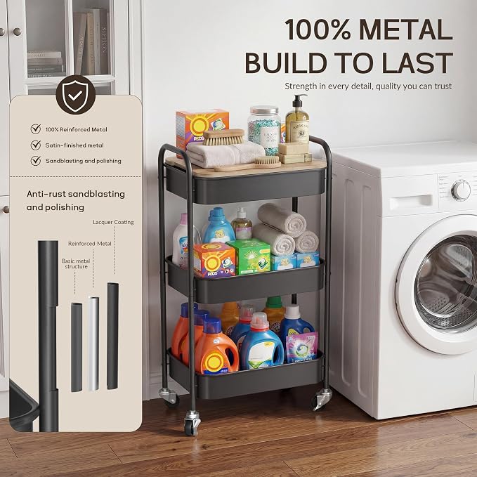 DTK 3 Tier Rolling Cart with Wheels, Heavy Duty Metal Utility Cart, Mobile Storage Organizer with Lockable Casters, Multi-Purpose Rolling Cart for Nursery, Bathroom, Kitchen, Office, Classroom - Image 3