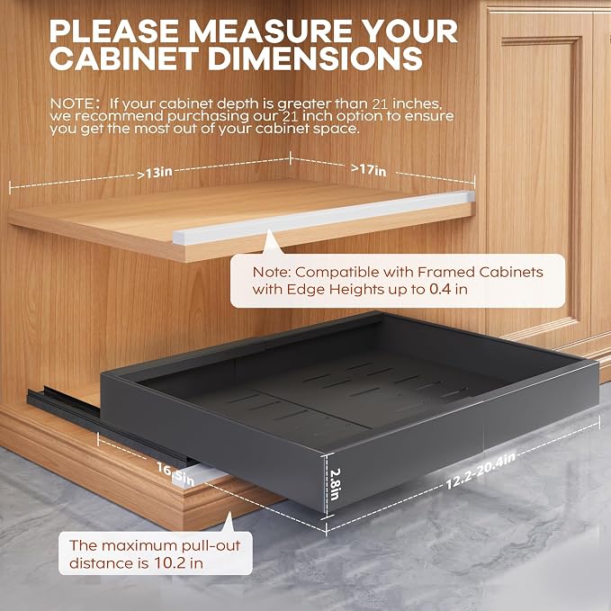 Seinloes 2 Pack Expandable Pull Out Cabinet Organizer 16.5"Deep With Raising Pad for Framed Cabinets,Upgrade 3 Slide Rails Slide Out Drawers,No Drill Roll Out Shelves,Adjustable Width 12.2"-20.4"Black - Image 4