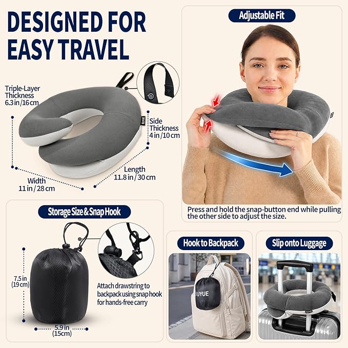 Travel Neck Pillows for Airplanes, Memory Foam 360° Head Support Sleep for Long Flight, Skin-Friendly & Breathable, Kit with Eye Mask, Earplugs and Storage Bag (Adult, Grey, 90+ lbs) - Image 5