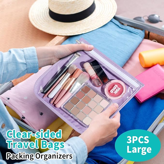 HIONXMGA Set of 3 Diaper Bag Organizing Pouches, Space-Saving, 3 Large Size | Clear Front Toiletry Bags Waterproof Zipper Pouches for Women Kids Toiletries Baby Essentials Well-Organized Carry, Purple - Image 2