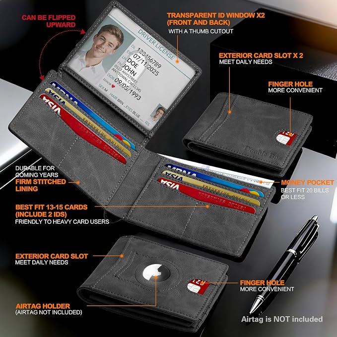 Wallet for Men Slim RFID Blocking Bifold Carbon Fiber,Minimalist Small Compact Front Pocket Credit Card Holder,Thin Mens Leather Wallets Smart Security With 2 ID windows 1 Cash (Crazy Horse Grey) - Image 6