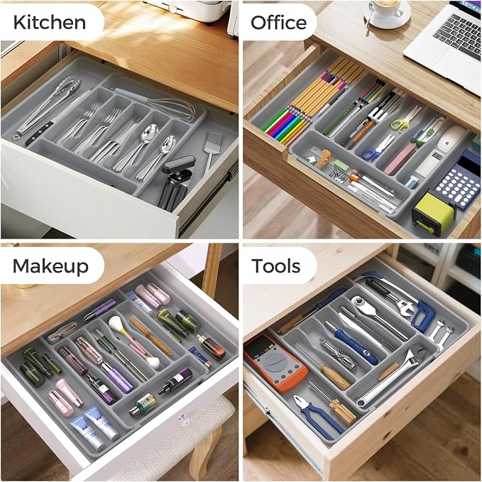 ukeetap Extra Large Expandable Silverware Organizer, Flatware Tray,Gray | BPA-Free Food-Safe Kitchen Utensil Cutlery Drawer Organizer, Adjustable Silverware Holder for Spoons Forks Knives - Image 8