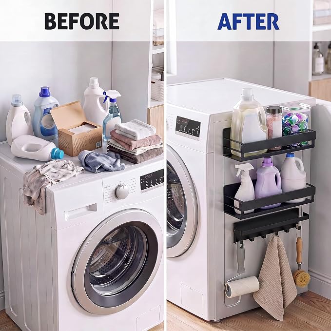 Bamboo 3 Pack Magnetic Shelves for Washing Machine, Black | Magnetic Laundry Shelf, Laundry Room Organization, Heavy-duty Storage for Kitchen Refrigerator, Detergent Holder with Hooks - Image 5