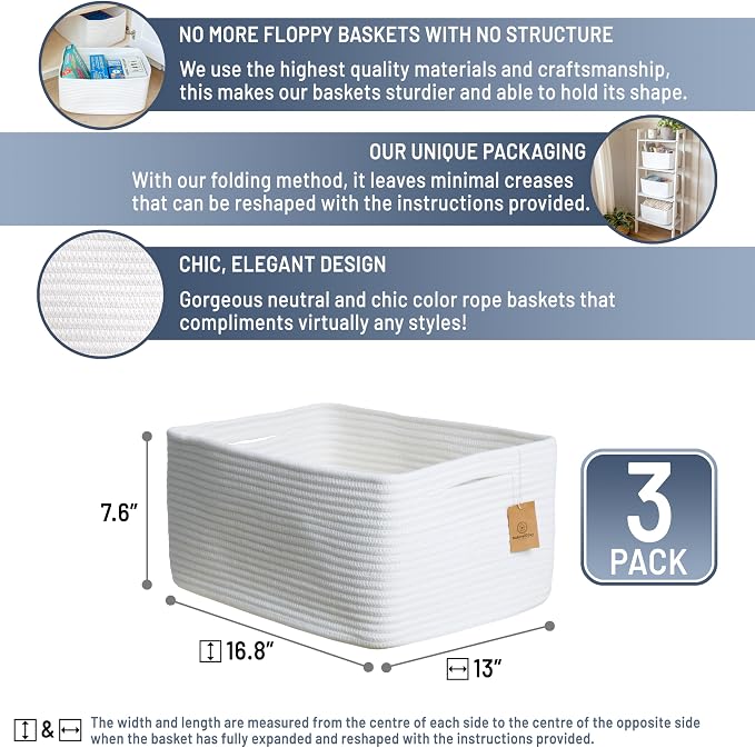 NaturalCozy Storage Baskets 16.8”x13”x7.6” Cotton Rope Woven Baskets for Organizing 3-Pack | Toy Storage Bins | Basket for Shelves, Laundry, Blanket, Clothes, Closet, Kitchen, Bathroom, Gifts - Image 2