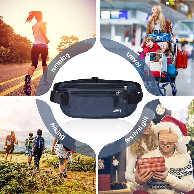 RFID Blocking Money Belt for Men Women, Slim Fanny Pack for Travel，Running,Conceal Waist Wallet for Passport Holder,Phone,Cash(Black Dark Blue) - Image 6