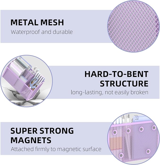 3-Grid Magnetic Pencil Holder, Strong Magnet Locker Organizer, Purple | Mesh Magnetic Shelf, Marker Holder Perfect for Whiteboard, Refrigerator and Locker Accessories - Image 4